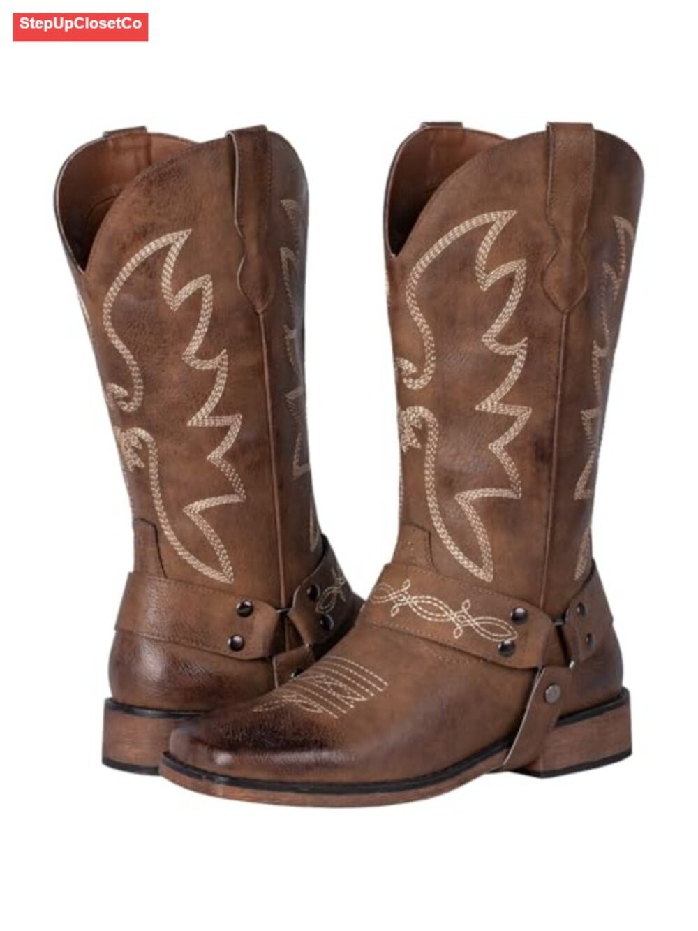 Square Toe Cowboy Boots Mid Calf Western Cowgirl Boots Wide Calf PU Leather